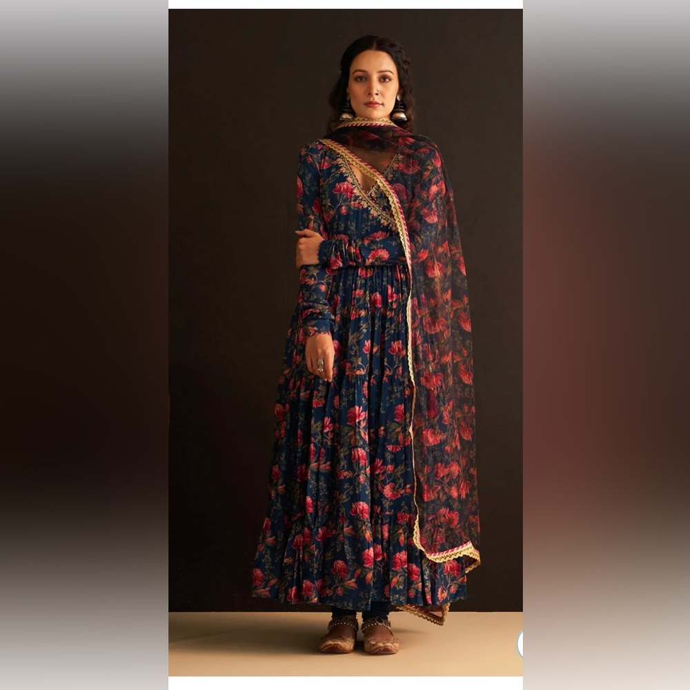 Ridhiiee Suuri Floral Printed Blue Angrakha Anarkali With dupatta.SAVE ON TARIFF